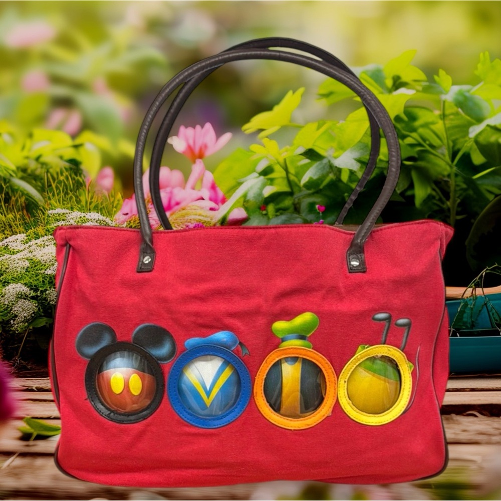 Disney Shopping Red Canvas Mickey Mouse Donald Duck Goofy Pluto Beach Tote Bag